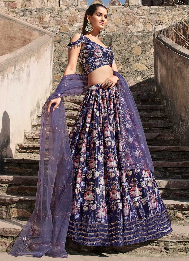 Lavender Sequence Embroidery Digital Printed Lehenga Choli