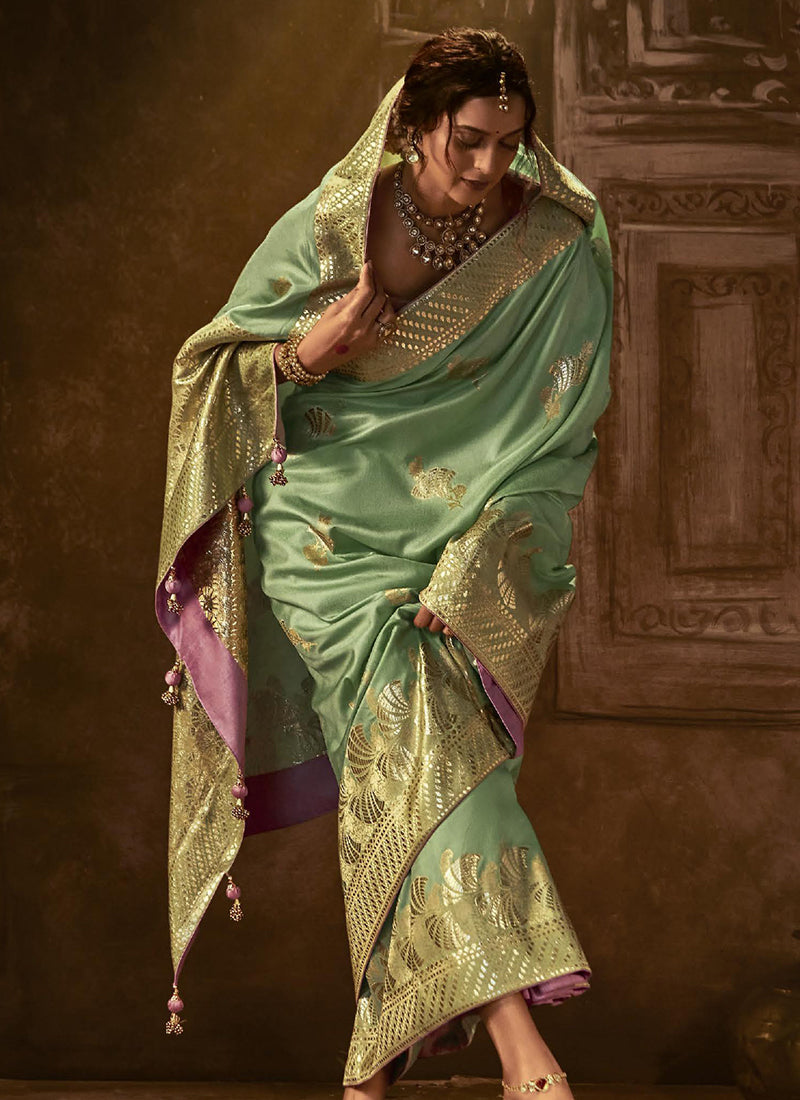 Green And Purple Weaved Pure Dola Silk Saree