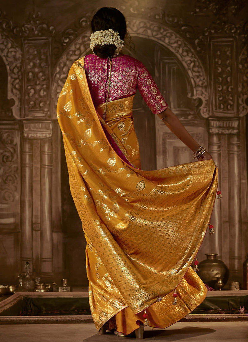 Yellow And Magenta Weaved Pure Dola Silk Saree