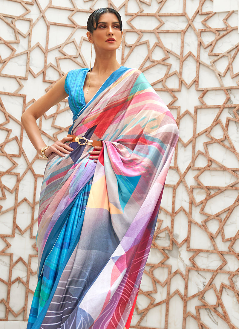 Blue Multicolored Digital Printed Crape Silk Saree