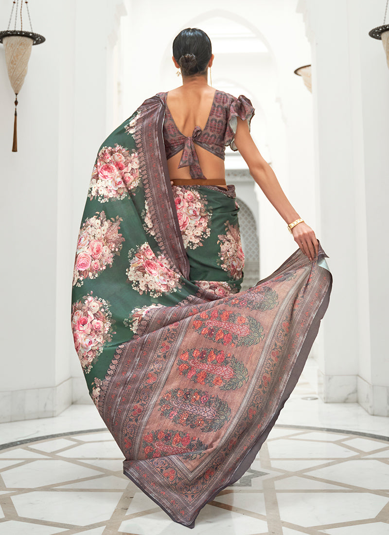 Green Floral Digital Printed Crape Silk Saree