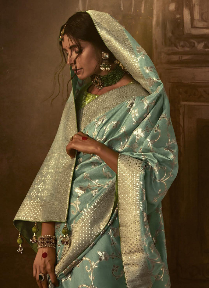 Teal And Green Weaved Pure Dola Silk Saree