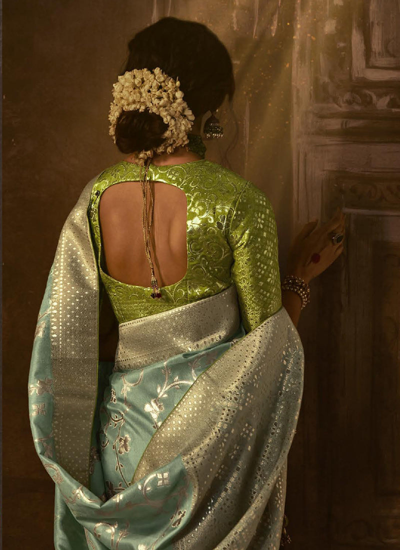 Teal And Green Weaved Pure Dola Silk Saree