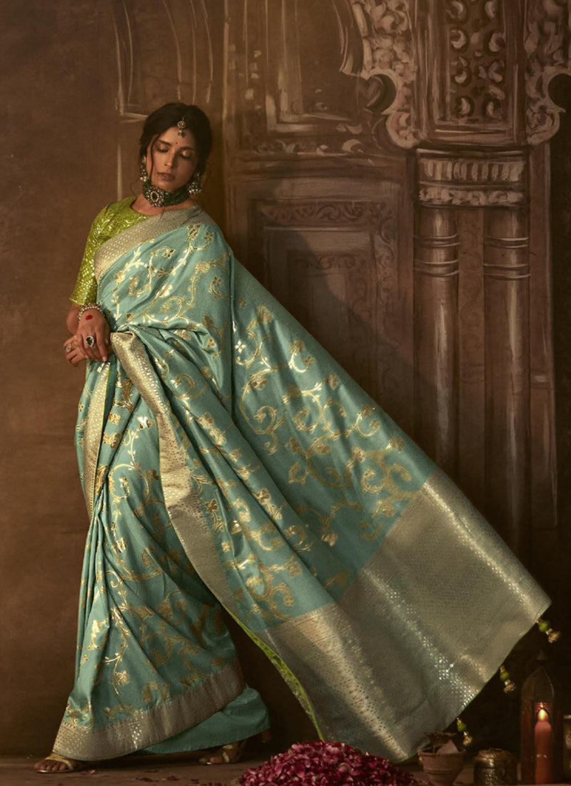 Teal And Green Weaved Pure Dola Silk Saree