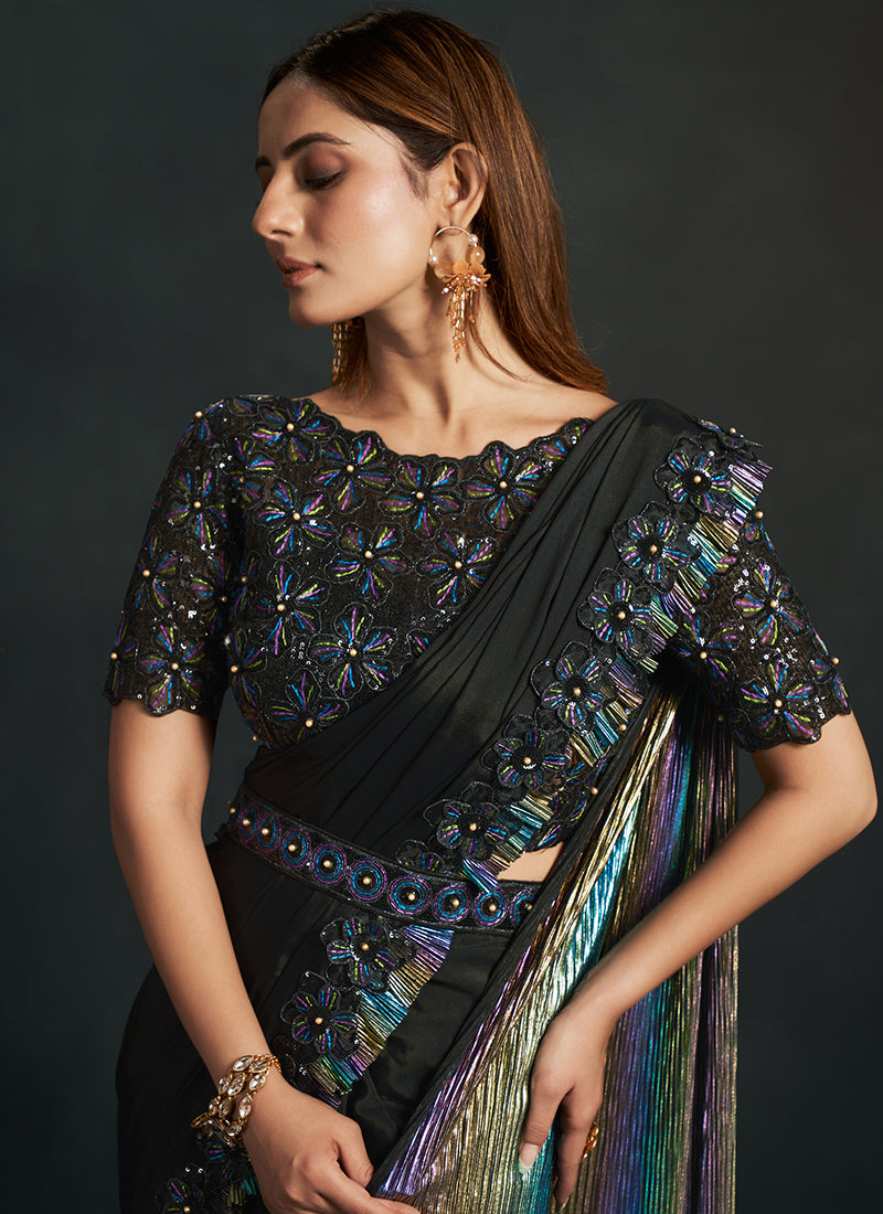 Black Multi Sequence And Appliqué Embroidery Wedding Saree