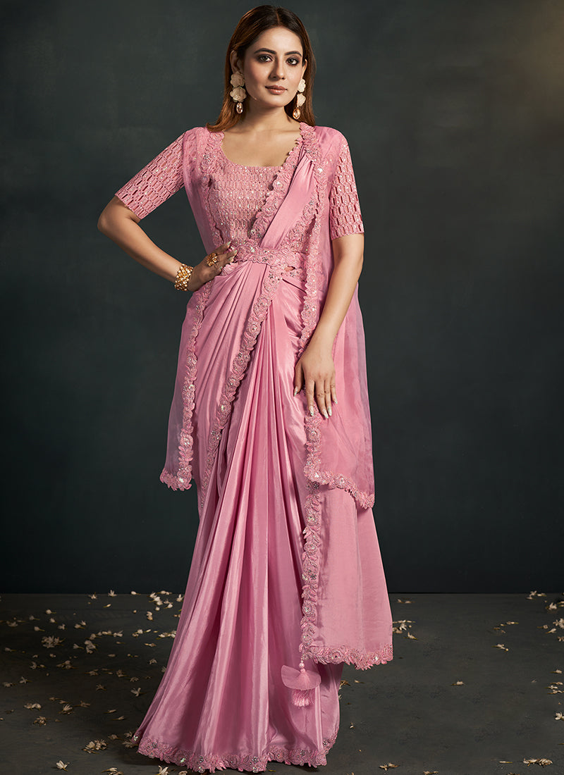 Pink Sequence And Appliqué Embroidery Wedding Saree