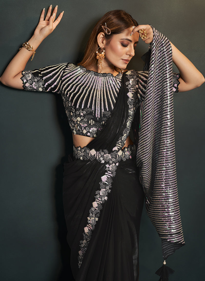 Black Sequence And Appliqué Embroidery Wedding Saree