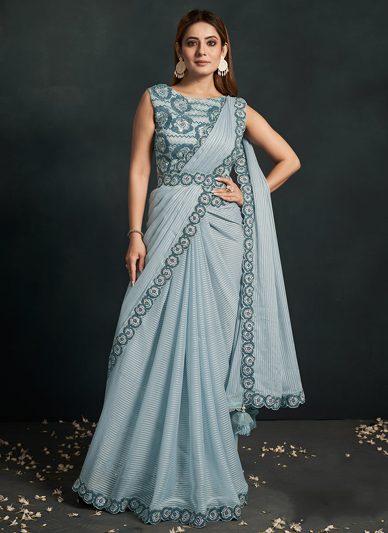 Sky Blue Sequence And Appliqué Embroidery Wedding Saree