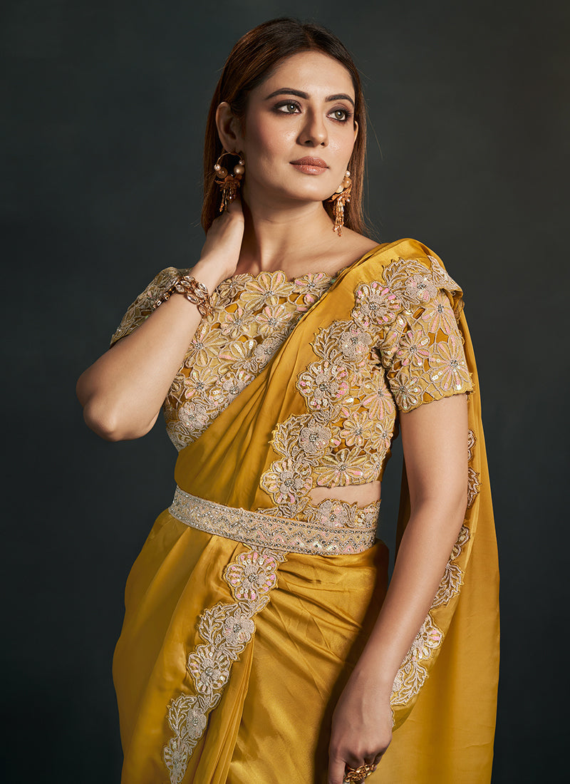 Yellow Sequence And Appliqué Embroidery Wedding Saree