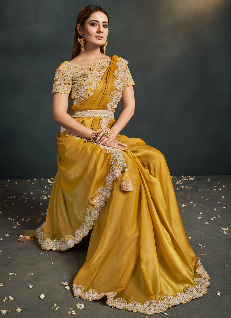 Yellow Sequence And Appliqué Embroidery Wedding Saree