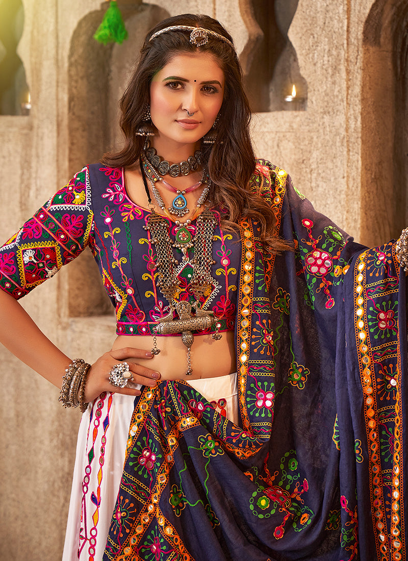 White And Blue Kutchi Embroidered Rajwadi Chaniya Choli