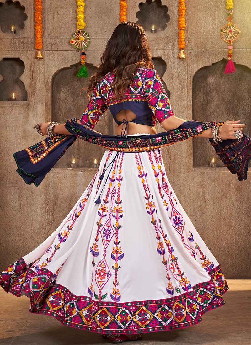 White And Blue Kutchi Embroidered Rajwadi Chaniya Choli