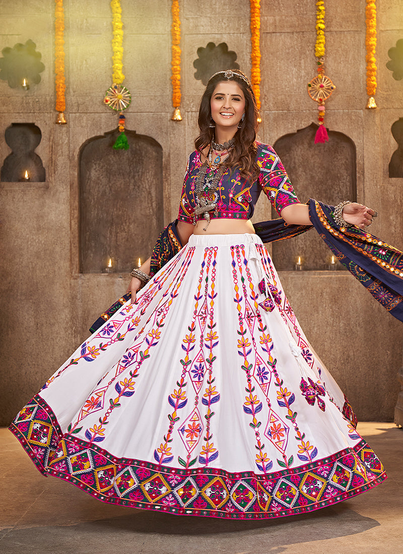 White And Blue Kutchi Embroidered Rajwadi Chaniya Choli