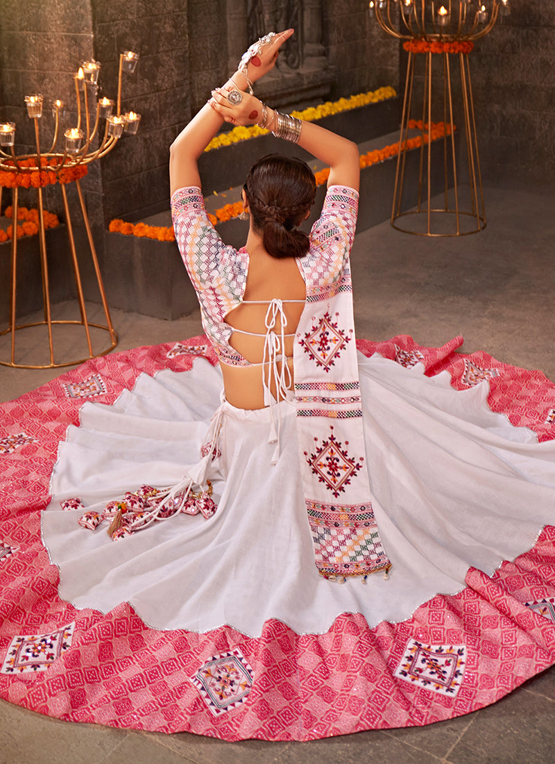 White And Pink Kutchi Embroidered Rajwadi Chaniya Choli