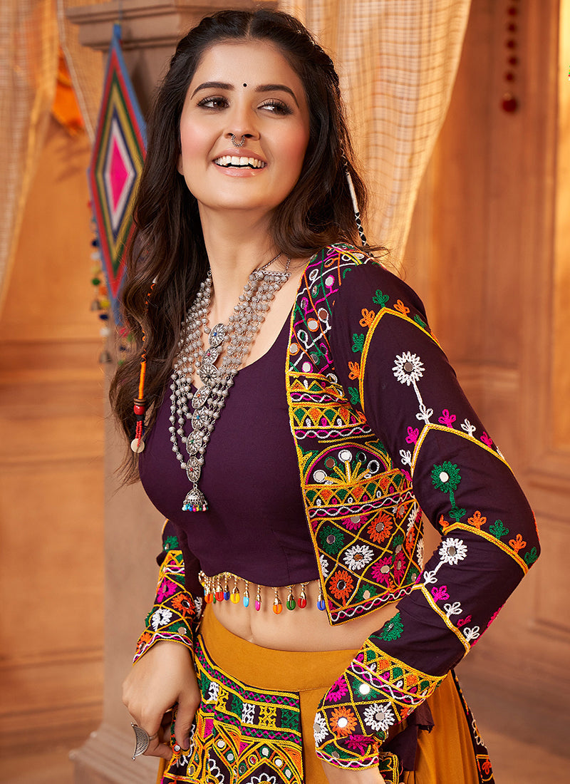 Yellow And Purple Kutchi Embroidered Rajwadi Chaniya Choli