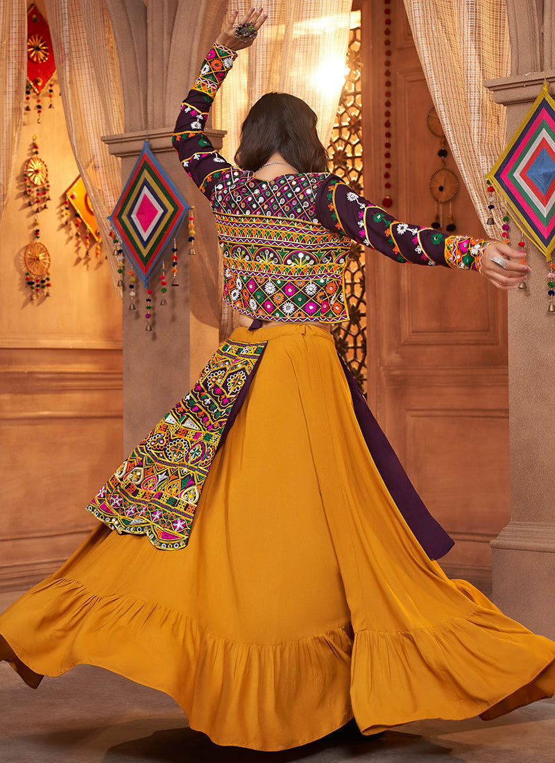 Yellow And Purple Kutchi Embroidered Rajwadi Chaniya Choli