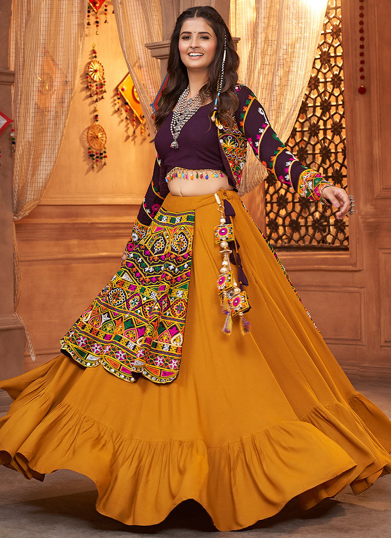 Yellow And Purple Kutchi Embroidered Rajwadi Chaniya Choli