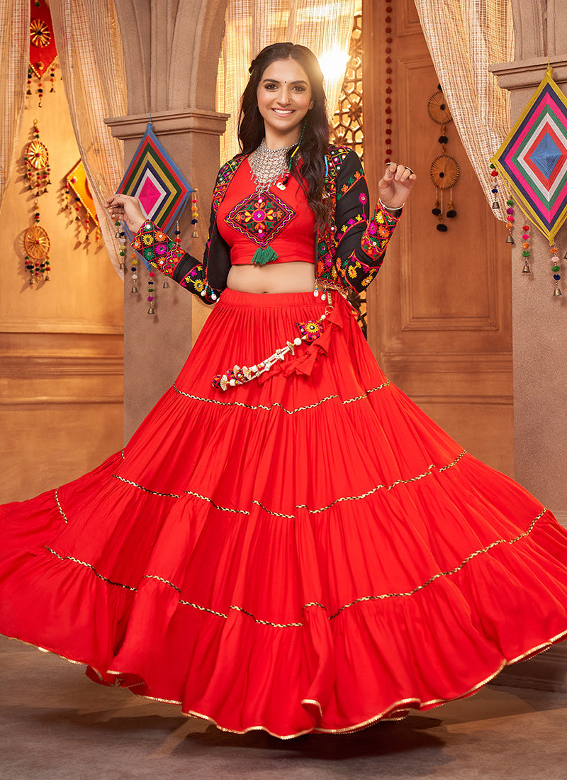 Red And Black Kutchi Embroidered Rajwadi Chaniya Choli