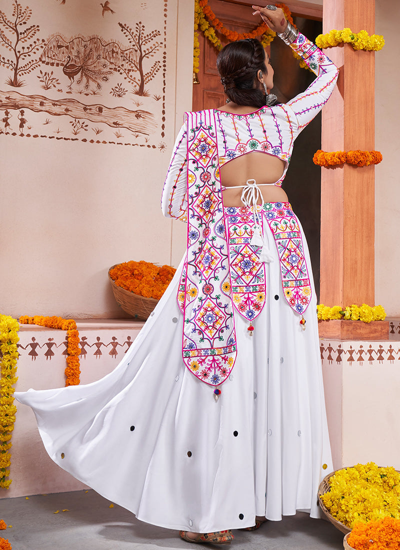 White Multi Kutchi Embroidered Rajwadi Chaniya Choli