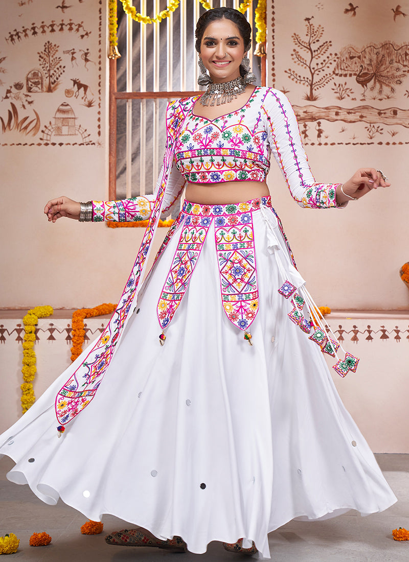 White Multi Kutchi Embroidered Rajwadi Chaniya Choli