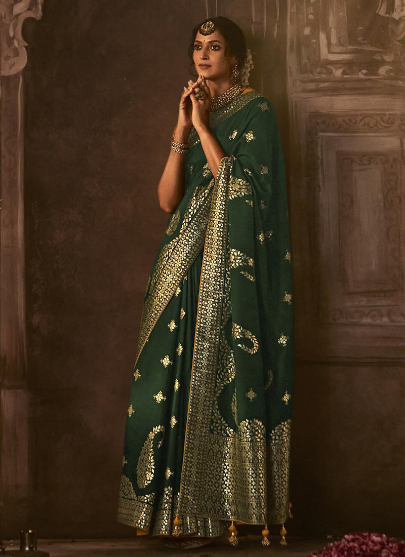 Green And Yellow Weaved Pure Dola Silk Saree