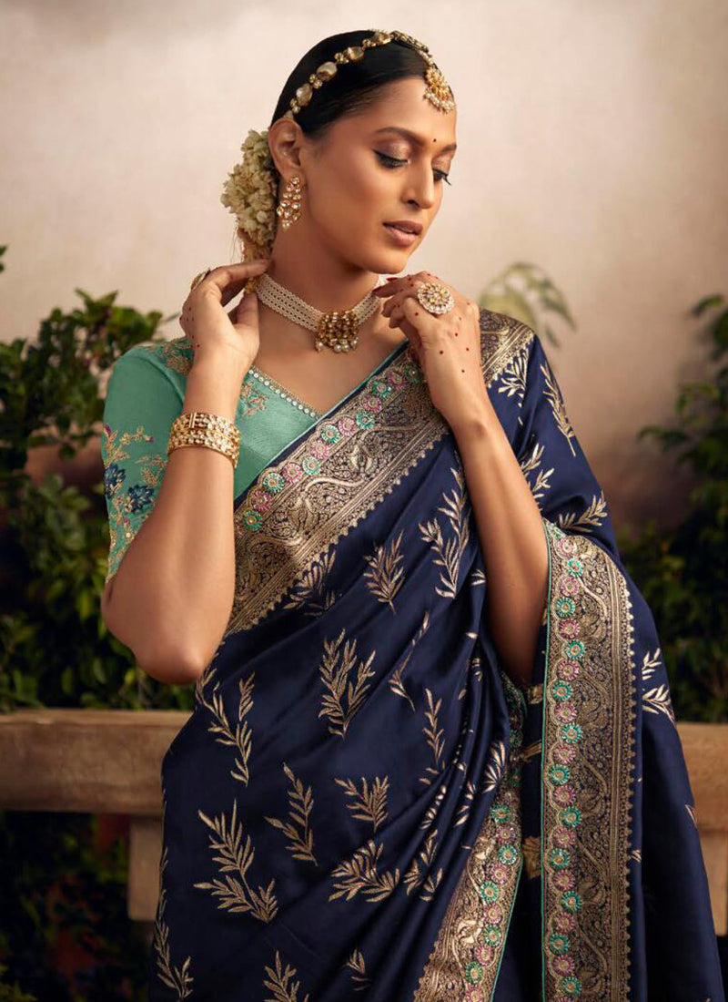 Navy Blue Multi Embroidered Traditional Silk Saree