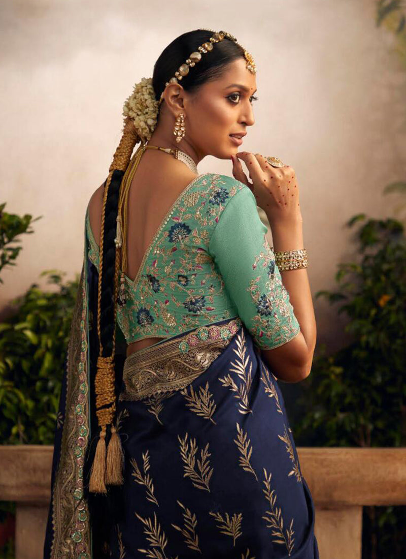 Navy Blue Multi Embroidered Traditional Silk Saree