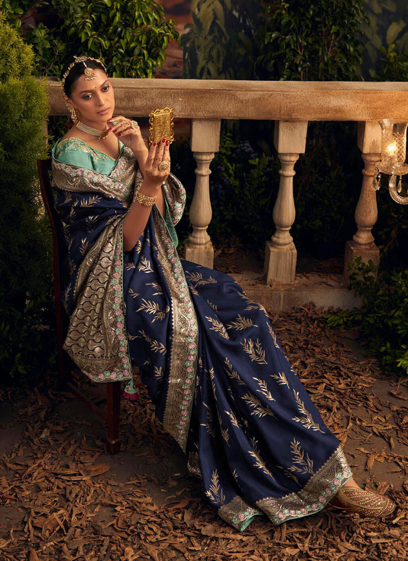 Navy Blue Multi Embroidered Traditional Silk Saree