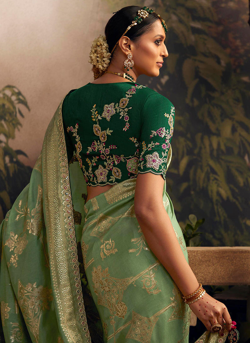 Light Green Multi Embroidered Traditional Silk Saree