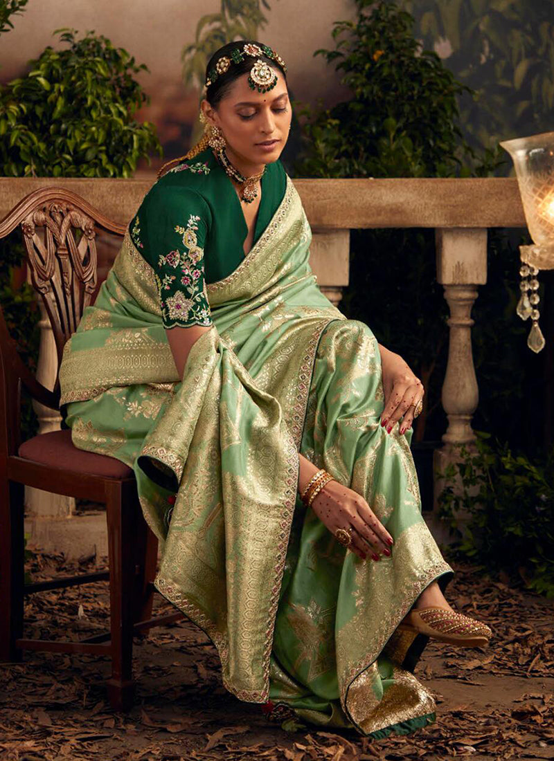 Light Green Multi Embroidered Traditional Silk Saree