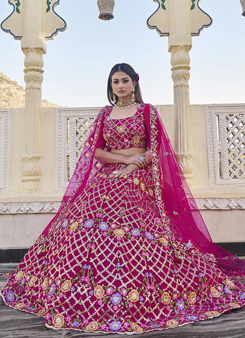 Hot Pink Embroidery Georgette Wedding Lehenga Choli