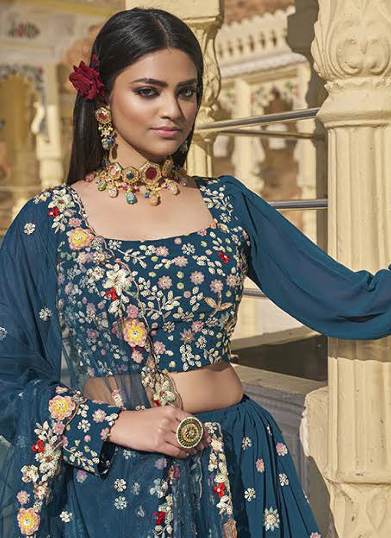 Turquoise Embroidery Georgette Wedding Lehenga Choli