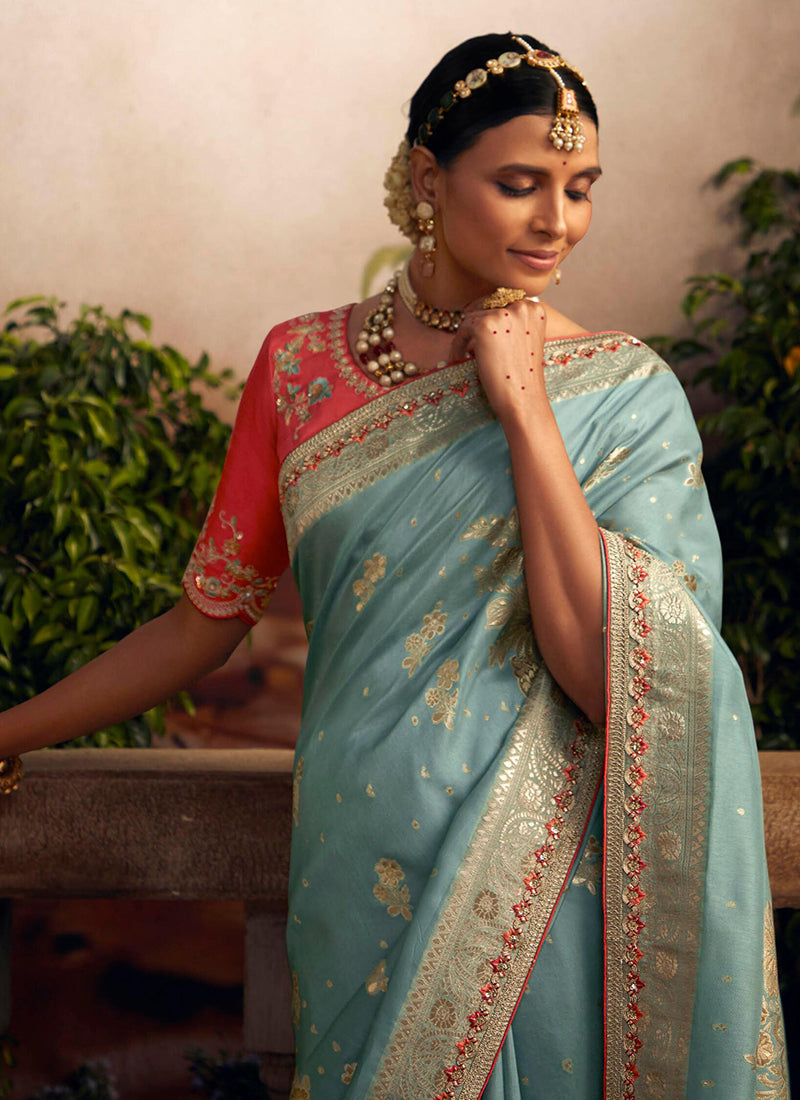 Sky Blue Multi Embroidered Traditional Silk Saree