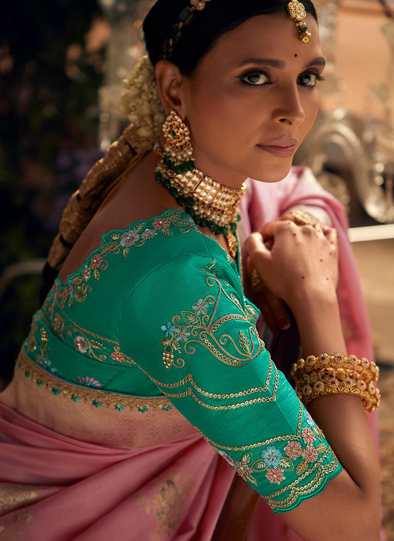 Pink Multi Embroidered Traditional Silk Saree