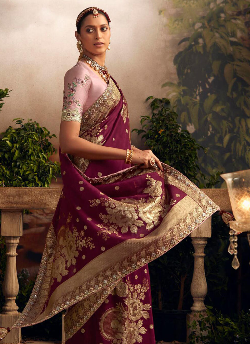 Deep Wine Multi Embroidered Traditional Silk Saree