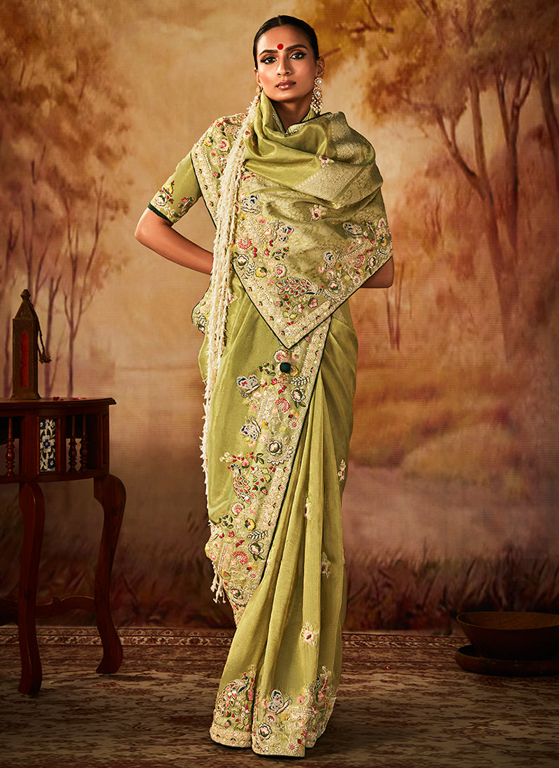 Lime Green Multi Embroidery Banarasi Kanjivaram Silk Saree