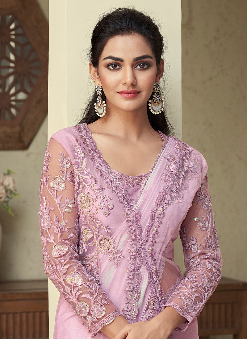 Lavender Sequence Embroidery Saree With Designer Jacket