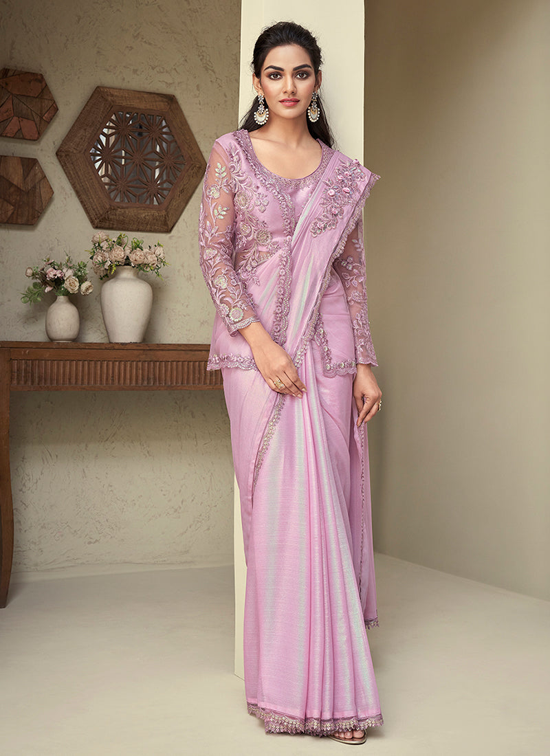 Lavender Sequence Embroidery Saree With Designer Jacket