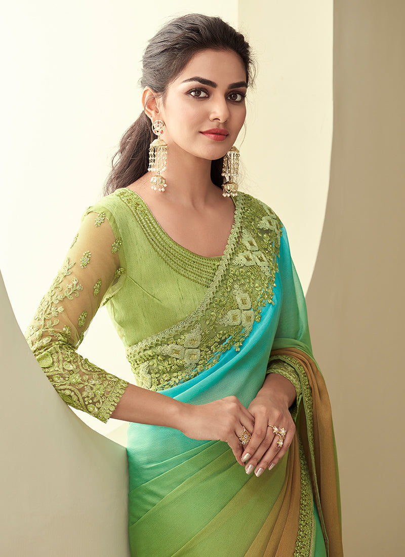 Green Shaded Sequence Embroidery Designer Silk Saree