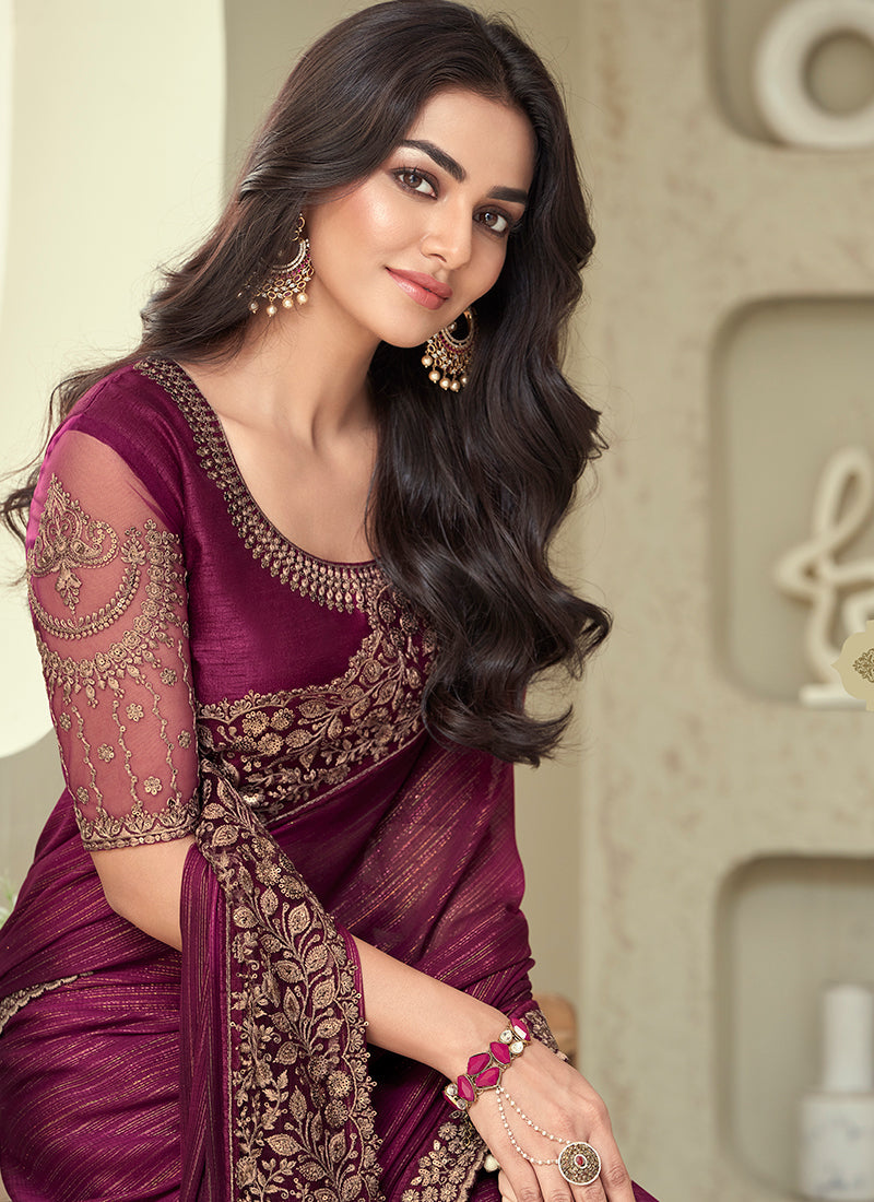 Wine Golden Sequence Embroidery Designer Silk Saree