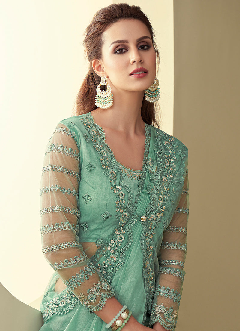 Sea Green Sequence Embroidery Saree With Designer Jacket