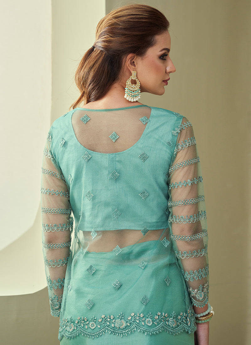 Sea Green Sequence Embroidery Saree With Designer Jacket