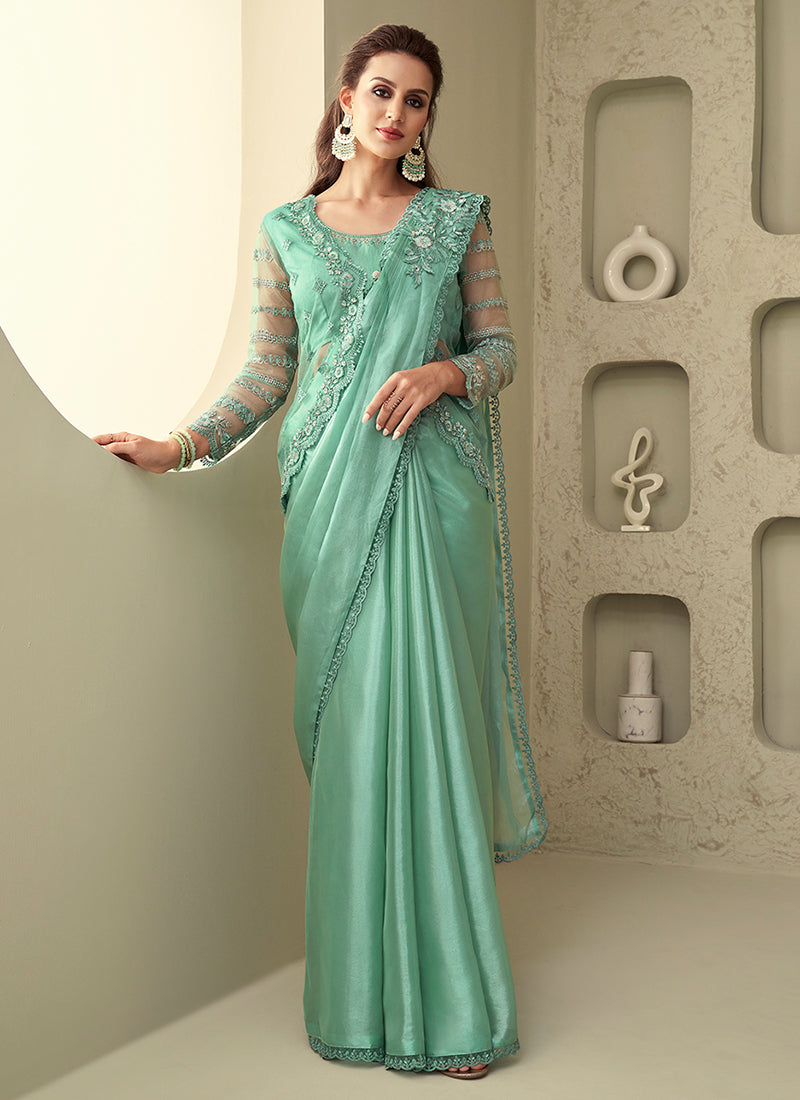 Sea Green Sequence Embroidery Saree With Designer Jacket