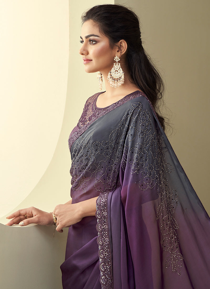 Purple Shaded Sequence Embroidery Designer Silk Saree