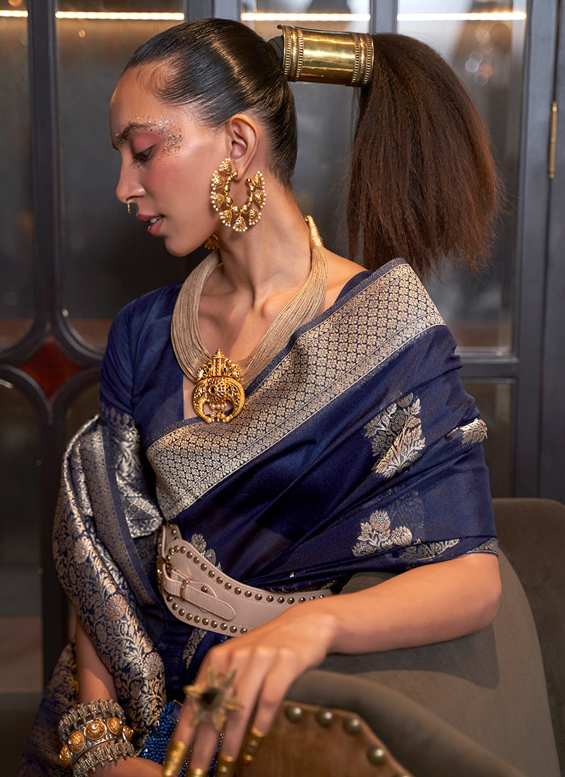 Navy Blue Weaved Korsa Georgette Saree