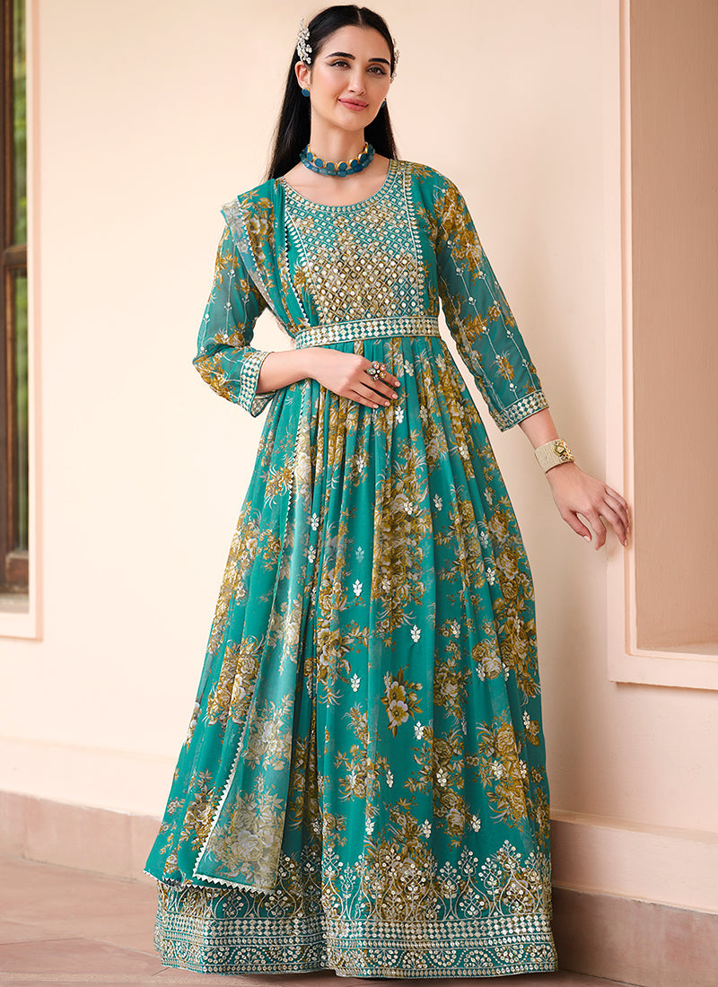 Turquoise Sequence Embroidery Floral Anarkali Suit