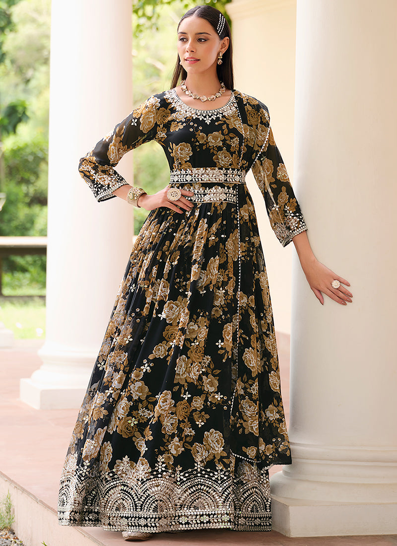 Black Sequence Embroidery Floral Anarkali Suit