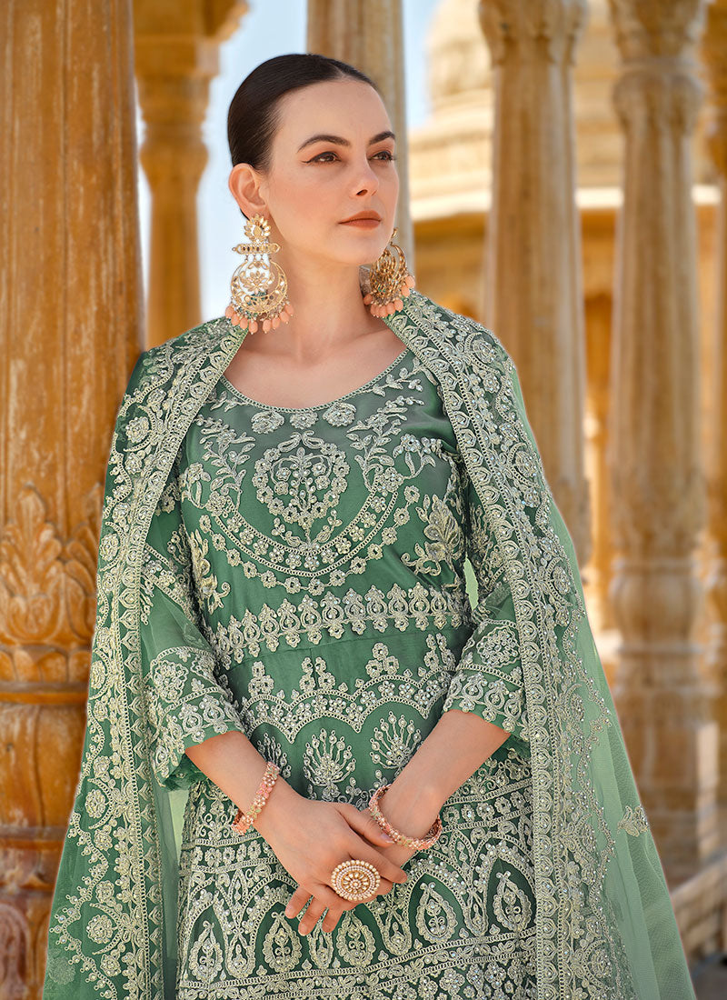 Mint Green Cording Thread Embroidery Designer Anarkali Suit