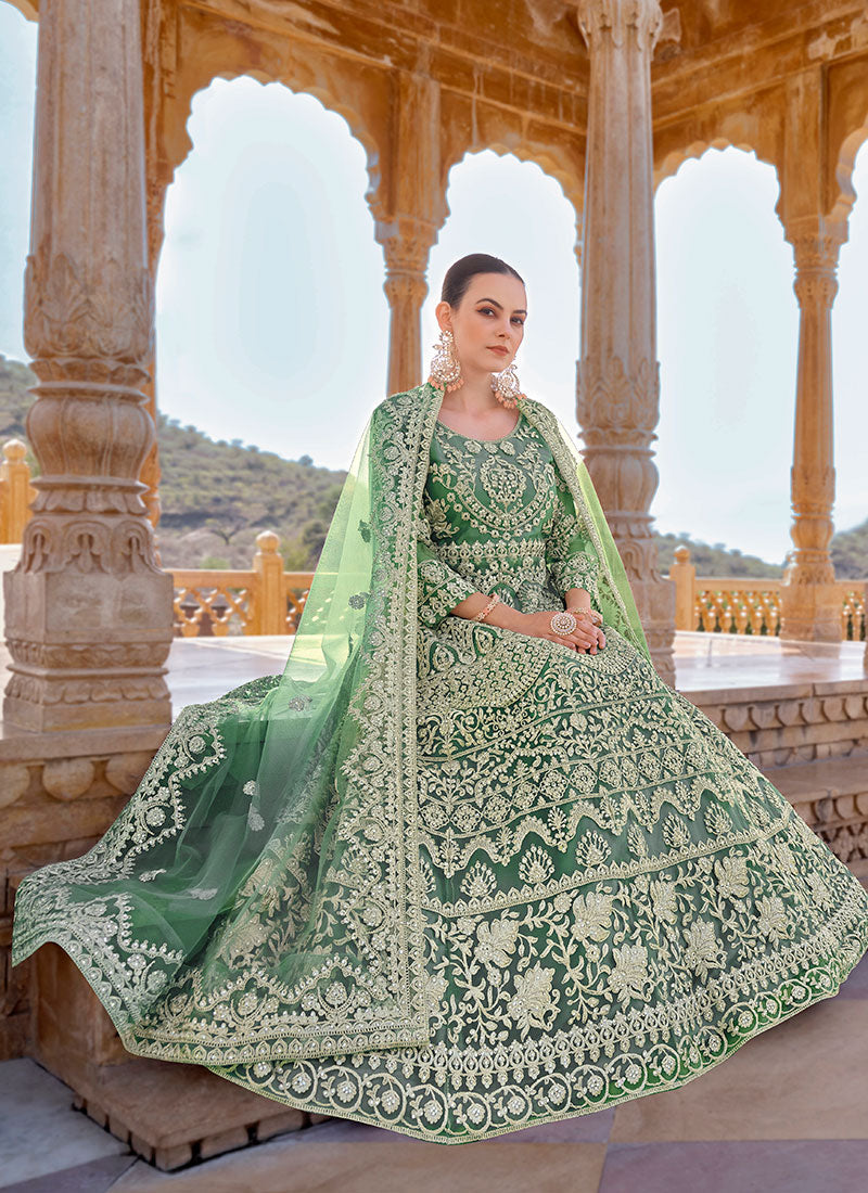 Mint Green Cording Thread Embroidery Designer Anarkali Suit