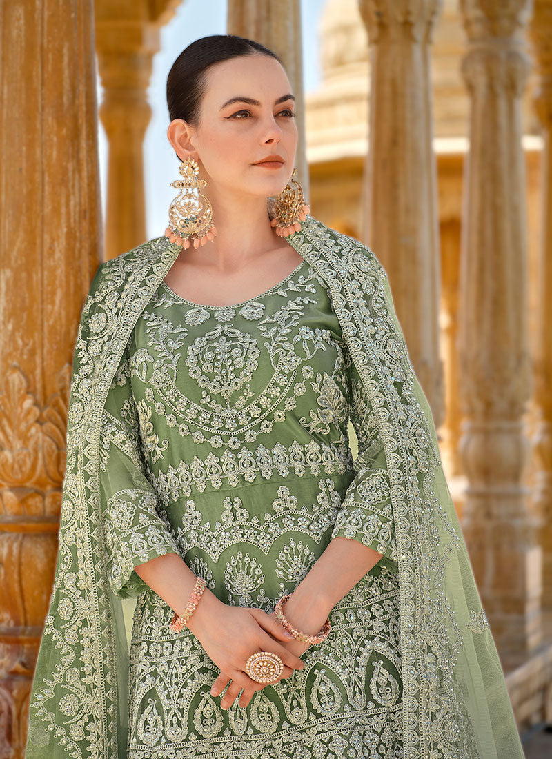 Olive Green Cording Thread Embroidery Designer Anarkali Suit